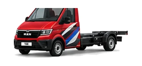 MAN TGE Chassis Cab in red with custom van vinyl graphics, front three-quarter view.