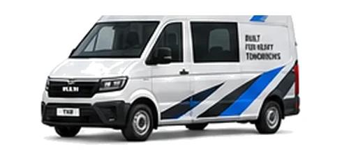 MAN TGE Crew Van in white with custom van vinyl graphics, front three-quarter view.