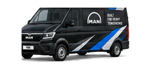 MAN TGE Crew Van in black with custom van vinyl graphics, front three-quarter view.