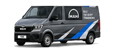 MAN TGE Crew Van in grey with custom van vinyl graphics, front three-quarter view.