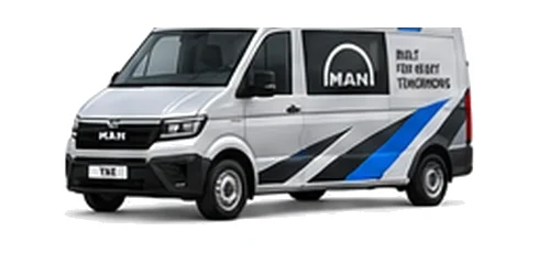 MAN TGE Crew Van in silver with custom van vinyl graphics, front three-quarter view.
