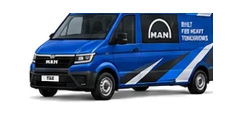 MAN TGE Crew Van in blue with custom van vinyl graphics, front three-quarter view.