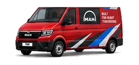 MAN TGE Crew Van in red with custom van vinyl graphics, front three-quarter view.