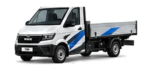 MAN TGE Dropside in white with custom van vinyl graphics, front three-quarter view.
