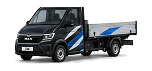 MAN TGE Dropside in black with custom van vinyl graphics, front three-quarter view.