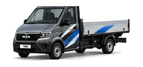 MAN TGE Dropside in grey with custom van vinyl graphics, front three-quarter view.