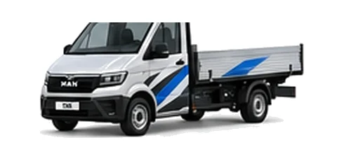 MAN TGE Dropside in silver with custom van vinyl graphics, front three-quarter view.