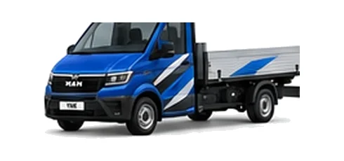 MAN TGE Dropside in blue with custom van vinyl graphics, front three-quarter view.