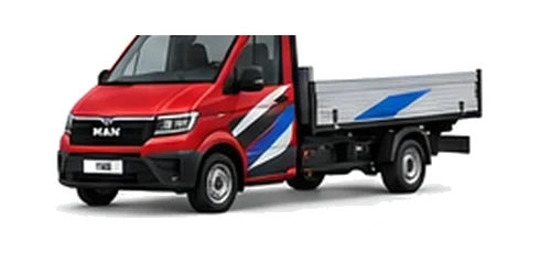 MAN TGE Dropside in red with custom van vinyl graphics, front three-quarter view.