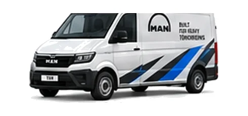 MAN TGE Panel Van in white with custom van vinyl graphics, front three-quarter view.