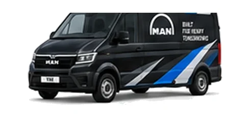 MAN TGE Panel Van in black with custom van vinyl graphics, front three-quarter view.