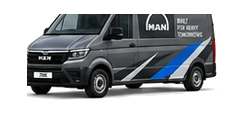 MAN TGE Panel Van in grey with custom van vinyl graphics, front three-quarter view.