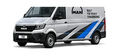 MAN TGE Panel Van in silver with custom van vinyl graphics, front three-quarter view.