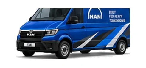 MAN TGE Panel Van in blue with custom van vinyl graphics, front three-quarter view.