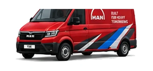 MAN TGE Panel Van in red with custom van vinyl graphics, front three-quarter view.