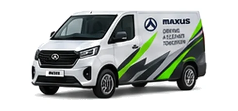 Maxus Deliver 7 in white with custom van vinyl graphics, front three-quarter view.