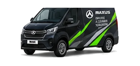 Maxus Deliver 7 in black with custom van vinyl graphics, front three-quarter view.