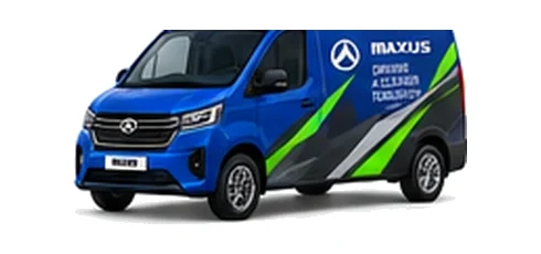 Maxus Deliver 7 in blue with custom van vinyl graphics, front three-quarter view.
