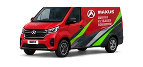 Maxus Deliver 7 in red with custom van vinyl graphics, front three-quarter view.