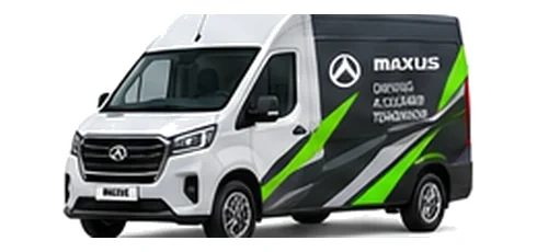 Maxus Deliver 9 in white with custom van vinyl graphics, front three-quarter view.
