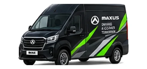 Maxus Deliver 9 in black with custom van vinyl graphics, front three-quarter view.