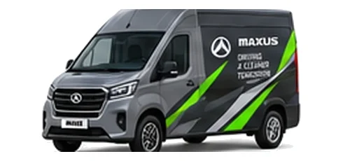 Maxus Deliver 9 in grey with custom van vinyl graphics, front three-quarter view.