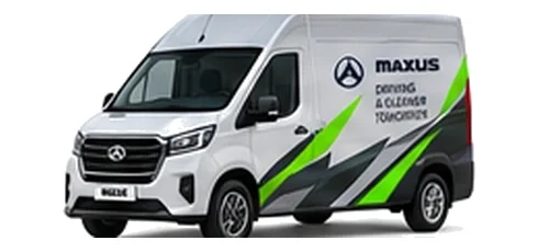 Maxus Deliver 9 in silver with custom van vinyl graphics, front three-quarter view.