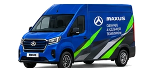 Maxus Deliver 9 in blue with custom van vinyl graphics, front three-quarter view.