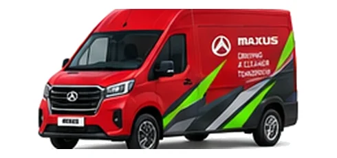 Maxus Deliver 9 in red with custom van vinyl graphics, front three-quarter view.