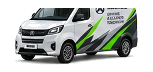 Maxus eDeliver 3 in white with custom van vinyl graphics, front three-quarter view.