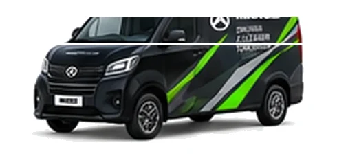 Maxus eDeliver 3 in black with custom van vinyl graphics, front three-quarter view.