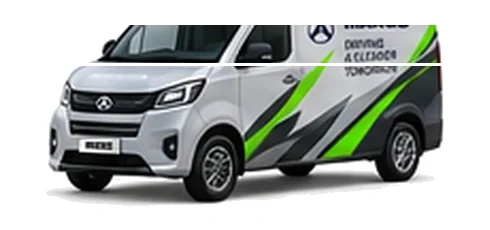 Maxus eDeliver 3 in silver with custom van vinyl graphics, front three-quarter view.