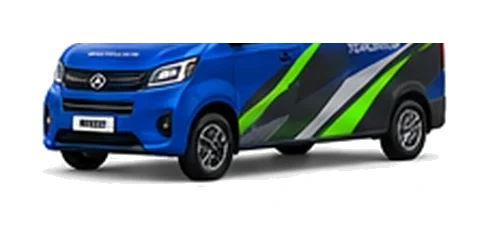 Maxus eDeliver 3 in blue with custom van vinyl graphics, front three-quarter view.