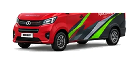 Maxus eDeliver 3 in red with custom van vinyl graphics, front three-quarter view.