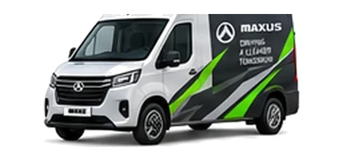 Maxus eDeliver 9 in white with custom van vinyl graphics, front three-quarter view.