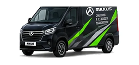 Maxus eDeliver 9 in black with custom van vinyl graphics, front three-quarter view.