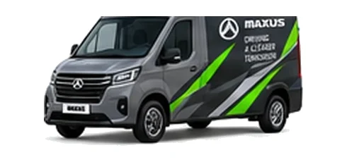 Maxus eDeliver 9 in grey with custom van vinyl graphics, front three-quarter view.