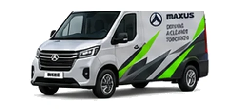 Maxus eDeliver 9 in silver with custom van vinyl graphics, front three-quarter view.