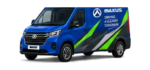 Maxus eDeliver 9 in blue with custom van vinyl graphics, front three-quarter view.
