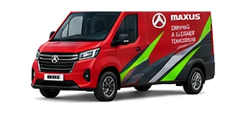 Maxus eDeliver 9 in red with custom van vinyl graphics, front three-quarter view.
