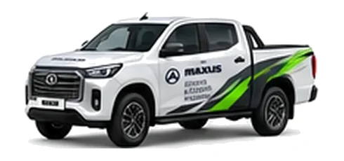 Maxus T90EV Pickup in white with custom van vinyl graphics, front three-quarter view.