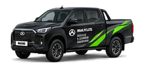 Maxus T90EV Pickup in black with custom van vinyl graphics, front three-quarter view.