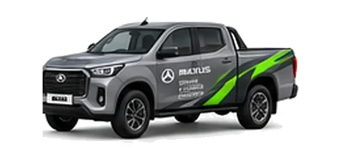 Maxus T90EV Pickup in grey with custom van vinyl graphics, front three-quarter view.