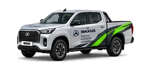 Maxus T90EV Pickup in silver with custom van vinyl graphics, front three-quarter view.
