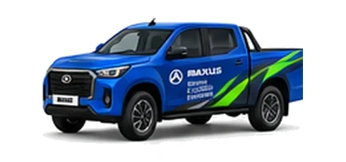 Maxus T90EV Pickup in blue with custom van vinyl graphics, front three-quarter view.