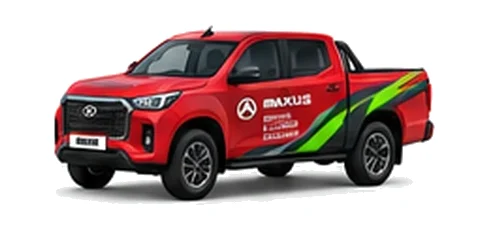 Maxus T90EV Pickup in red with custom van vinyl graphics, front three-quarter view.