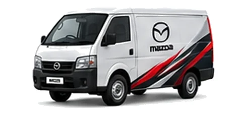 Mazda Bongo Brawny in white with custom van vinyl graphics, front three-quarter view.