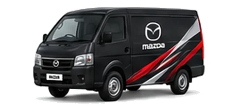 Mazda Bongo Brawny in black with custom van vinyl graphics, front three-quarter view.