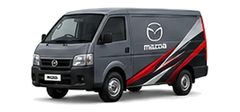 Mazda Bongo Brawny in grey with custom van vinyl graphics, front three-quarter view.