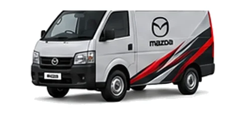 Mazda Bongo Brawny in silver with custom van vinyl graphics, front three-quarter view.